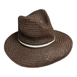 Lands’ End Woven Straw Fedora Hat Brown L-XL Wide Brim